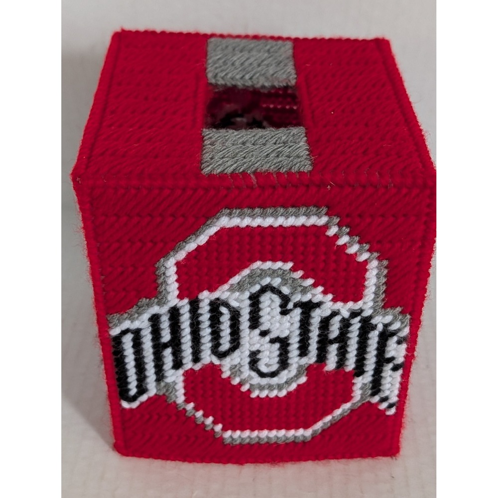 Ohio State Buckeyes Tissue Box Cover Scarlet Red Gray Textured Yarn Fabric